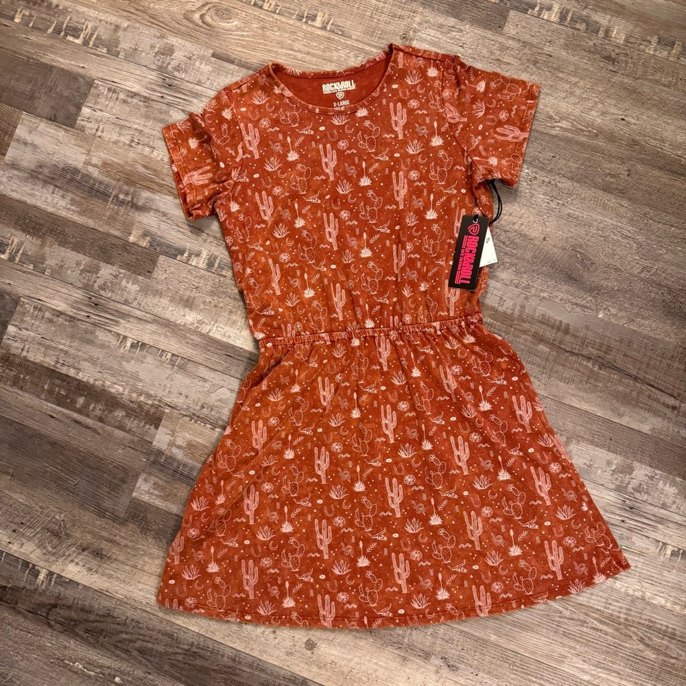 Rock & Roll Denim Girls XL Rust Western Dress NWT Cactus Print